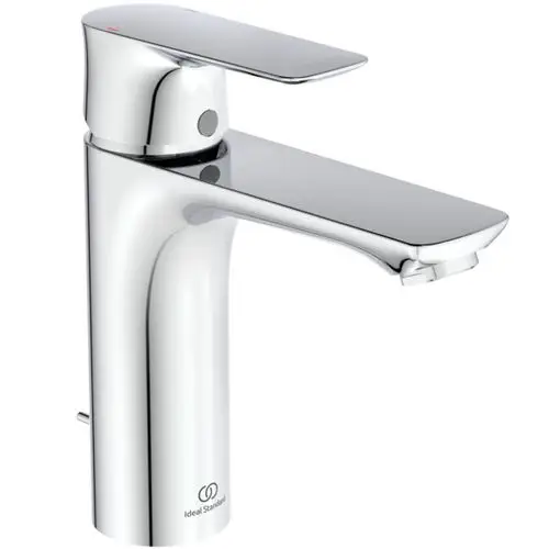Chromfarbener einhebiger Wasserhahn mit flacher Bedienoberfläche, hergestellt von Ideal Standard, geeignet für moderne Waschbecken.